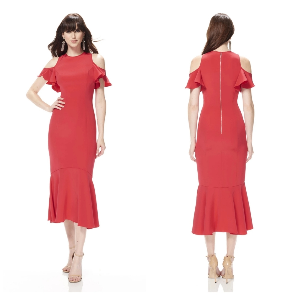 THEIA Persimmon Silk Cold Shoulder Midi Dress | Size 2 | Elegant Formal Occasion
